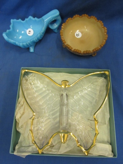 Vintage Glass – Butterfly Dish in Orig,. Gift Box , 6x3”Blue Nappy & 5” Caramel Slag Bowl