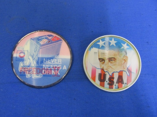 2 Vari-Vue Buttons:” Delco Freedom V Never Needs A Drink” & “LBJ for the USA” (1964)