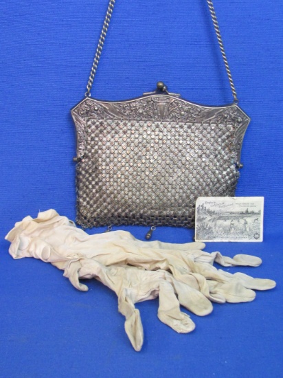 German Silver Metal Mesh Purse – Kid Leather Lining – Gloves & Perfume Card inside