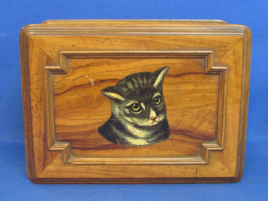 Interesting Wood Box – Painted Cat's Head on Lid – Metal Lining – 10 3/4” x 8”