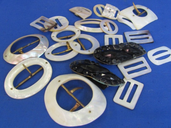 Lot of Vintage Buckles: Most are Mother of Pearl – 1 Rhinestone – 1 w a patent date of 1908