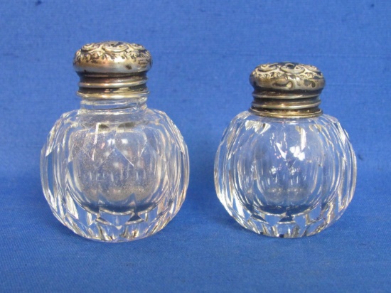Pair of Small Crystal Salt & Pepper Shakers with Sterling Silver Caps – Caps weigh 4.6 grams