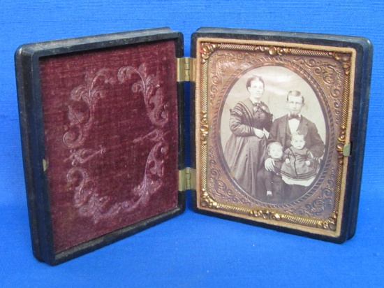 Antique Ambrotype Photograph of Family in Gutta-Percha Case – 3 3/4” x 3 1/4”
