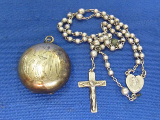 Engraved Silver? Locket with Small Sterling Silver Rosary inside – Locket is 1” in diameter
