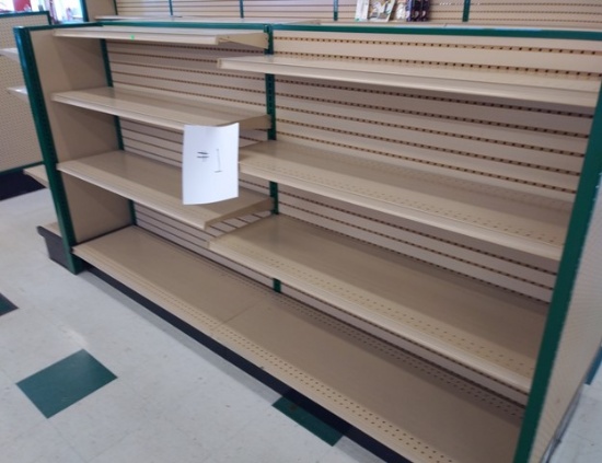 Lozier Retail Shelving 54" High Double Sided, Hunter Green Steel Framing and Tan Shelves/Pegboard