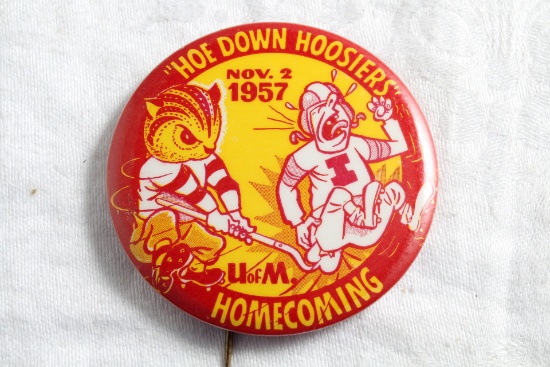 1957 U of M Gophers vs Indiana Homecoming Pinback Hoe Down Hoosiers