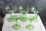 5 Vaseline Uranium Glass Etched Champagne / Dessert Glasses Glow