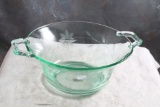 Depression Vaseline Uranium Glass Serving Bowl Etched Floral Leaf Dbl. Handled