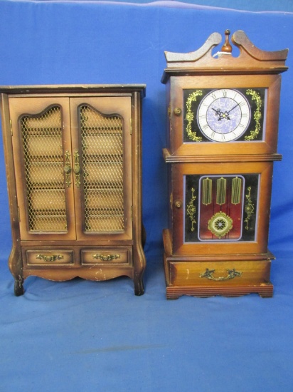 2 Big Musical Jewelry Boxes – 1 Shaped like a Clock 1 Armoire -12-14” Tall each