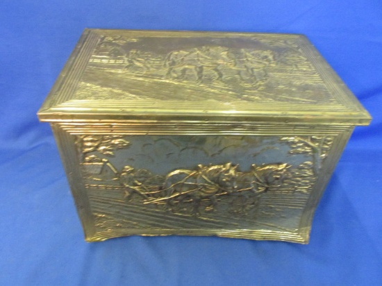 Vintage Decorative Wood Box – Brass Reopusse Panels Feature Draft Horses Plowing