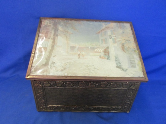 Vintage Decorative Wood Box – Sloped Lid with Foil Picture of Mediterranean Village