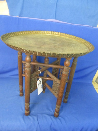 Vintage Moorish  Brass Table 22” DIA Top on appx 20” Tall Wooden Stand 6 Legs Folds Flat