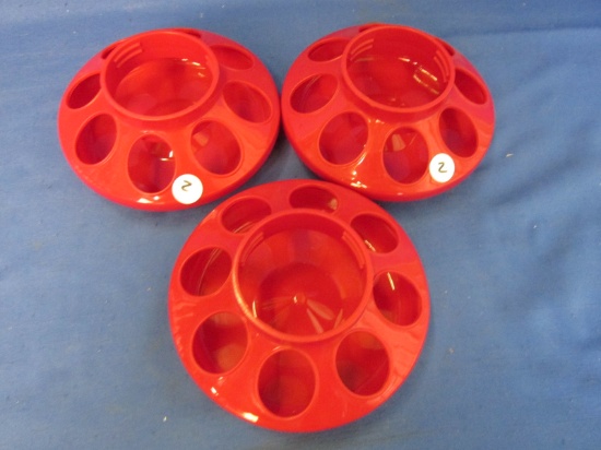 Lot of 3 1 Quart Red Plastic Chicken Feeder Bases  - 8 Holes – Each 6 1/4” DIA