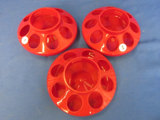 Lot of 3 1 Quart Red Plastic Chicken Feeder Bases  - 8 Holes – Each 6 1/4” DIA