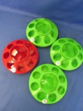 Lot of 4 1 Quart Plastic Chicken Feeder Bases  - 8 Holes – Each 6 1/4” DIA 3 Green, 1 Red