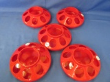 Lot of 5 1 Quart Red  Plastic Chicken Feeder Bases  - 8 Holes – Each 6 1/4” DIA