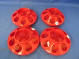 Lot of 4 1 Quart Red  Plastic Chicken Feeder Bases  - 8 Holes – Each 6 1/4” DIA