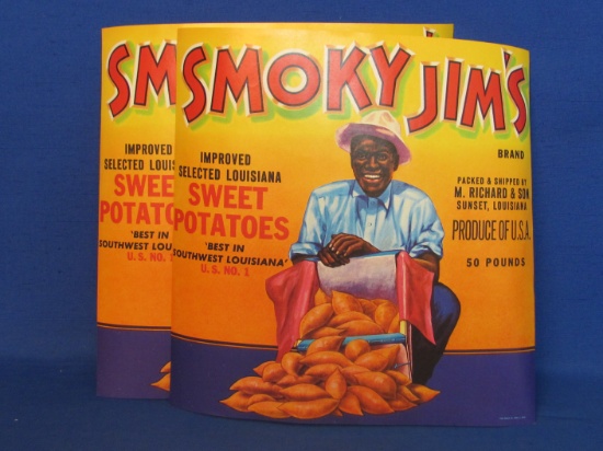 2 Crate Labels – New Old Stock “Smoky Jim's Sweet Potatoes” - About 9” square