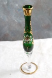 Handpainted Glass Bud Vase with Applied Gold & White Floral Pedestal 7 1/2