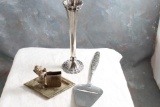 Avon Silverplate Bud Vase, Antique Matchbox Ashtray Combo, Norge Cheese Slicer