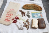 Antique Misc. Lot Rosaries, Prayer Books, Peters Adv. Beanie, PM Whisky Puzzle