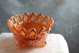Vintage Irridescent Marigold Carnival Glass Footed Bowl Floral Leaf Pattern