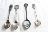 4 Vintage Silver Plate Souvenir Spoons Owl, May Lily of Valley, Amana & 800 Silver