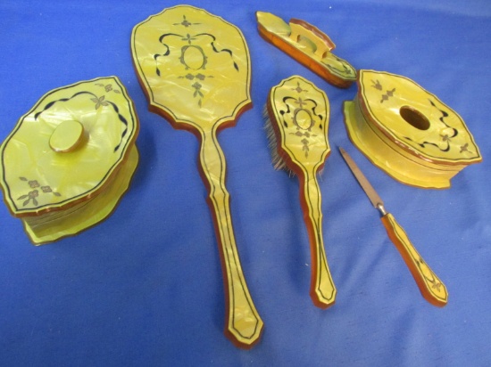 1930's Art Deco 6 Piece Pearlized Celluloid (Chartreuse) with carved & painted detail