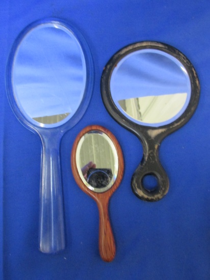 3 Hand- Mirrors: Vtg. Round Wood 4 3/4”, Oval Wood 2” W x 3” T, & 2-sided  Blue Plastic