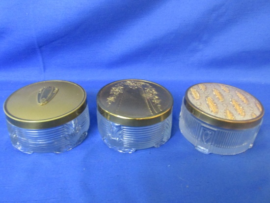 3 Vintage Glass Vanity Jars – Footed Glass w/Decorated Metal Lids each3 1/2” DIA