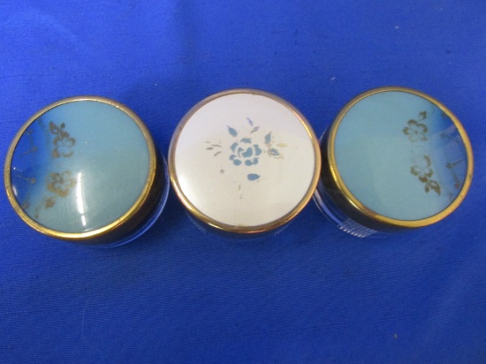 3 Vintage Glass Vanity Jars –Decorated Lids 2 Blue & 1 White  - each  2 1/4” DIA