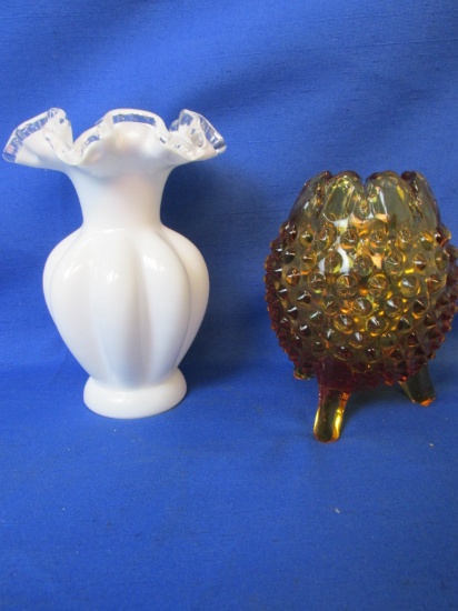 Fenton: Silver Crest Mellon Ribbed Bud Vase 6” T, & Hobnailed Egg-Shape Footed Vase 5”T