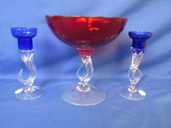 Italian art Glass – 3 Pieces – 2 Blue Glass Cordial Sized, 1 Red Glass Compote