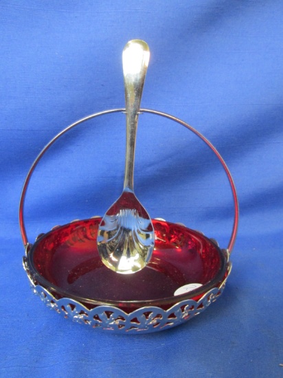 Vintage Sugar Dish with Red Glass Bowl, Metal Basket & Spoon – England