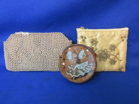 3 Beautiful small Purses: Faux Pearl Clutch, Satin & Bead, Leather w/ Dancer