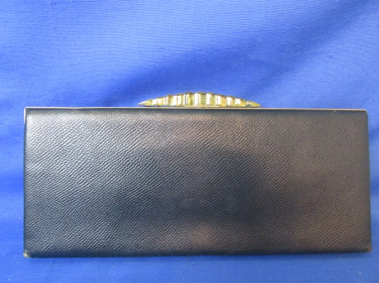 Vintage 1930's Blue Leather Clutch Purse with Bakelite Closure, inside pockets & 2 mirrors