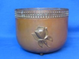 Copper Planter/Bowl with 3 Feet – Embossed Flower on Front – 6” in diameter – 4 3/4” tall