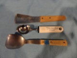 Lot of 3 Ice Cream Scoops w/ Advertising - 2 Vintage w/ Wooden Handles, 1 Newer