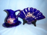Matching Asian Themed Pitcher/Wash Basin & Fan Dish w/ display Stand