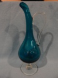 Handmade Blown Glass Pitcher - Blue w/ clear handle/base - 12