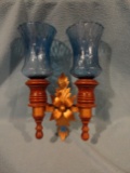 Vintage Wall Sconce - Metal, Wood & Blue Glass - 10 5/8