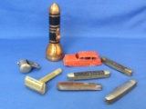 Misc Lot: TootsieToy Ford, 1940s Gillette Razor, Echo 620 Whistle, 4 Pocket Knives