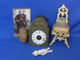 Misc Lot: Vintage Clock Part, Small Brass Plate Holder, Old Photograph, Mini Bisque Doll