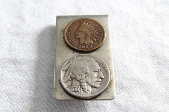 Money Clip with 1898 Indian Head Penny & 1936 Buffalo Nickle FRANK in Brass on the