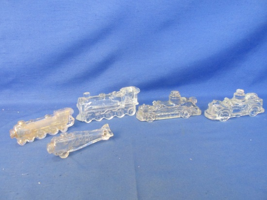 5 Glass Candy Containers: 1930's 2 Steam Powered Fire Engines, 2 Locomotives, Plane