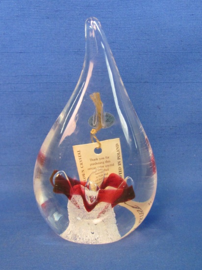 Lead Crystal Teardrop Shaped Paperweight – Red Ribbon inside – Made in Poland – 5 1/2” tall