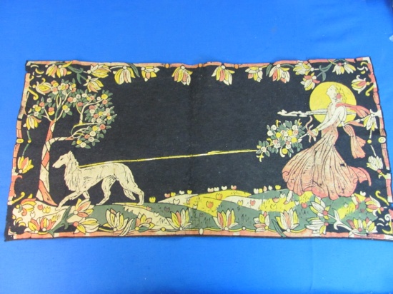1920s/30s Painted Felt Piece – Woman Walking Dog in the Moonlight – 22” x 12”