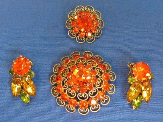 Orange Rhinestone Pin/Brooch w 1 Matching Earring – Extra Fun Pair of Earrings