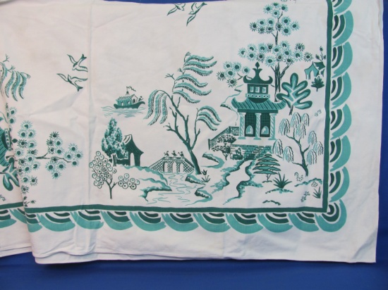 Vintage Tablecloth by Simtex – Teal Green Asian Scenes – Measures 51” x 48”