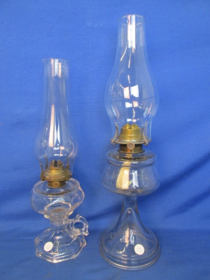 2 Glass Oil Lamps: Octagonal Base Scoville Finger Lamp 8” T  & No Name Pedestal 11” T
